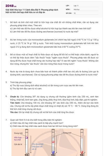 Giải SGK Hóa học 11 Cánh diều Bài 9: Phương pháp tách biệt và tinh chế hợp chất hữu cơ có đáp án