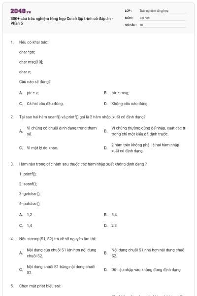 300+ câu trắc nghiệm tổng hợp Cơ sở lập trình có đáp án - Phần 5