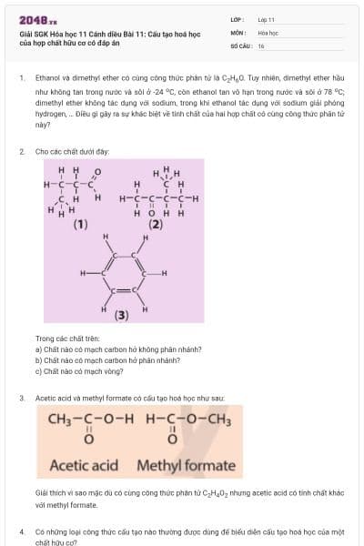 Giải SGK Hóa học 11 Cánh diều Bài 11: Cấu tạo hoá học của hợp chất hữu cơ có đáp án