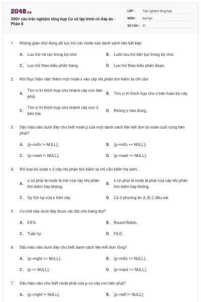 300+ câu trắc nghiệm tổng hợp Cơ sở lập trình có đáp án - Phần 8