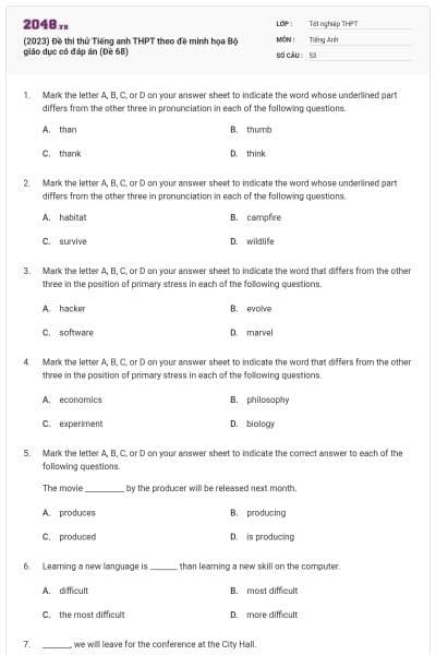 (2023) Đề thi thử Tiếng anh THPT theo đề minh họa Bộ giáo dục có đáp án (Đề 68)