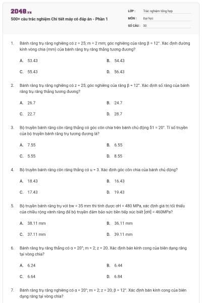 500+ câu trắc nghiệm Chi tiết máy có đáp án - Phần 1