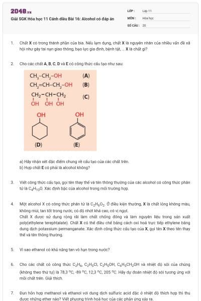 Giải SGK Hóa học 11 Cánh diều Bài 16: Alcohol có đáp án