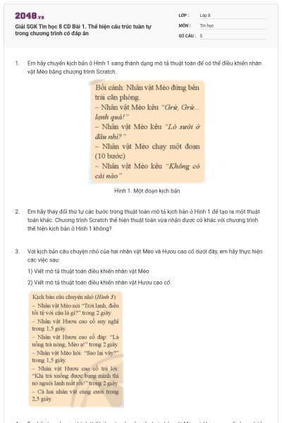 Giải SGK Tin học 8 CD Bài 1. Thể hiện cấu trúc tuần tự trong chương trình có đáp án