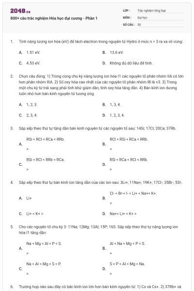 800+ câu trắc nghiệm Hóa học đại cương - Phần 1