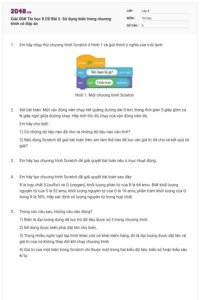 Giải SGK Tin học 8 CD Bài 2. Sử dụng biến trong chương trình có đáp án