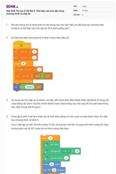 Giải SGK Tin học 8 CD Bài 5. Thể hiện cấu trúc lặp trong chương trình có đáp án