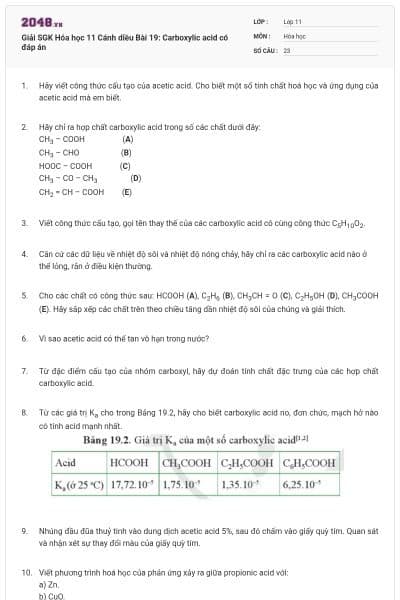 Giải SGK Hóa học 11 Cánh diều Bài 19: Carboxylic acid có đáp án