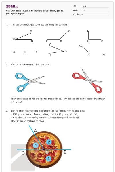 Giải SGK Toán 4 Kết nối tri thức Bài 8: Góc nhọn, góc tù, góc bẹt có đáp án