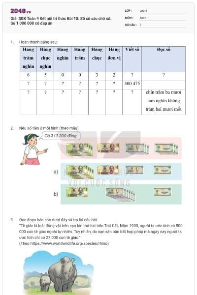 Giải SGK Toán 4 Kết nối tri thức Bài 10: Số có sáu chữ số. Số 1 000 000 có đáp án