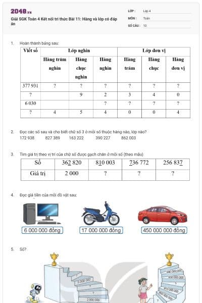 Giải SGK Toán 4 Kết nối tri thức Bài 11: Hàng và lớp có đáp án