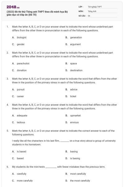 (2023) Đề thi thử Tiếng anh THPT theo đề minh họa Bộ giáo dục có đáp án (Đề 70)