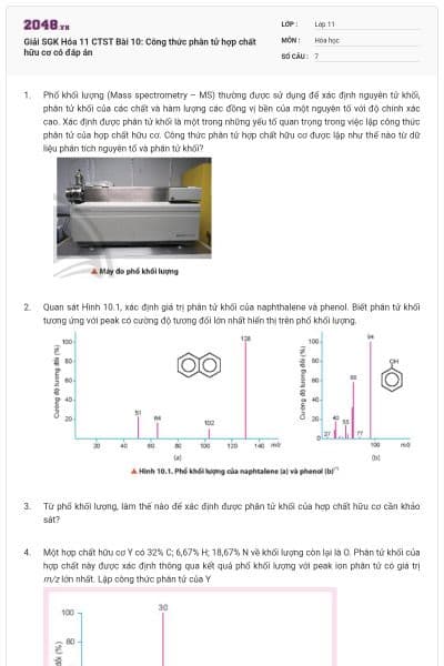 Giải SGK Hóa 11 CTST Bài 10: Công thức phân tử hợp chất hữu cơ có đáp án