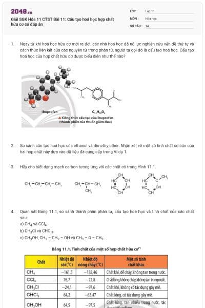 Giải SGK Hóa 11 CTST Bài 11: Cấu tạo hoá học hợp chất hữu cơ có đáp án
