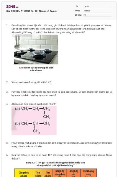 Giải SGK Hóa 11 CTST Bài 12: Alkane có đáp án
