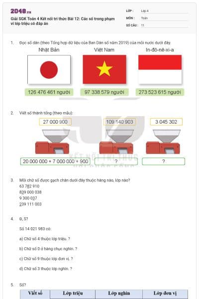 Giải SGK Toán 4 Kết nối tri thức Bài 12: Các số trong phạm vi lớp triệu có đáp án