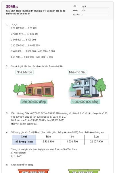 Giải SGK Toán 4 Kết nối tri thức Bài 14: So sánh các số có nhiều chữ số có đáp án