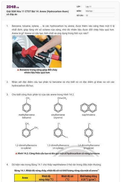 Giải SGK Hóa 11 CTST Bài 14: Arene (Hydrocarbon thơm) có đáp án