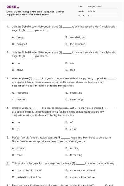 Đề thi thử tốt nghiệp THPT môn Tiếng Anh - Chuyên Nguyễn Tất Thành - Yên Bái có đáp án