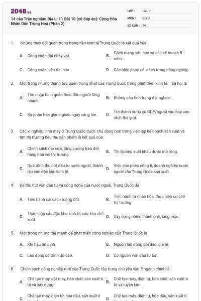 14 câu Trắc nghiệm Địa Lí 11 Bài 10 (có đáp án): Cộng Hòa Nhân Dân Trung Hoa (Phần 2)