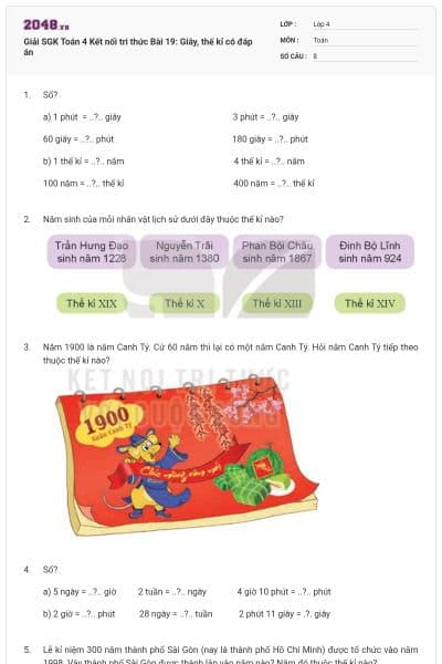 Giải SGK Toán 4 Kết nối tri thức Bài 19: Giây, thế kỉ có đáp án