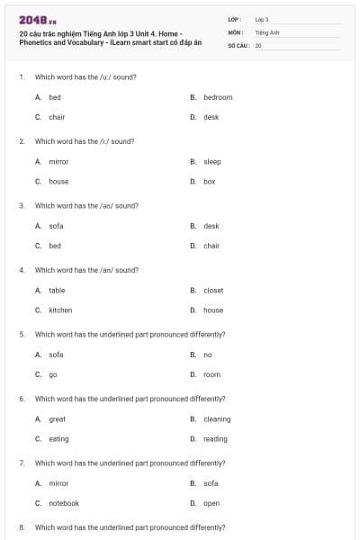20 câu trắc nghiệm Tiếng Anh lớp 3 Unit 4. Home - Phonetics and Vocabulary - iLearn smart start có đáp án