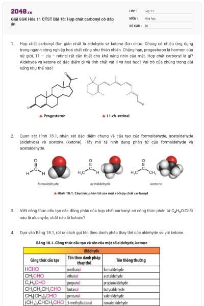 Giải SGK Hóa 11 CTST Bài 18: Hợp chất carbonyl có đáp án
