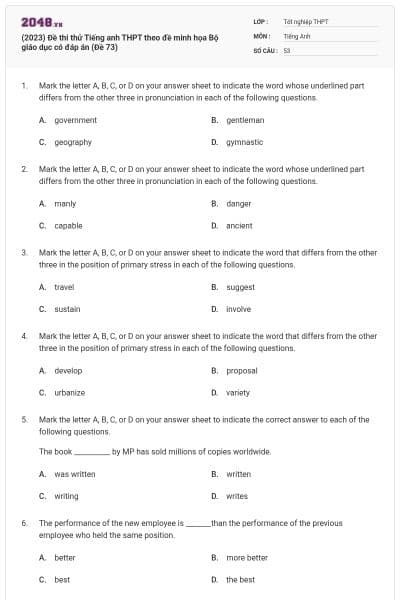(2023) Đề thi thử Tiếng anh THPT theo đề minh họa Bộ giáo dục có đáp án (Đề 73)