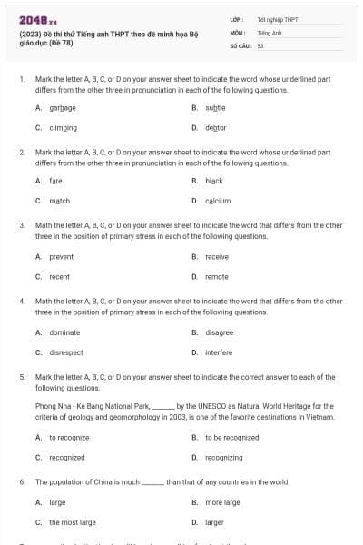 (2023) Đề thi thử Tiếng anh THPT theo đề minh họa Bộ giáo dục (Đề 78)