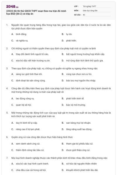 (2023) Đề thi thử GDCD THPT soạn theo ma trận đề minh họa BGD (Đề 2) có đáp án