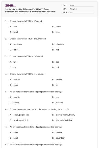 20 câu trắc nghiệm Tiếng Anh lớp 3 Unit 7. Toys - Phonetics and Vocabulary - iLearn smart start có đáp án