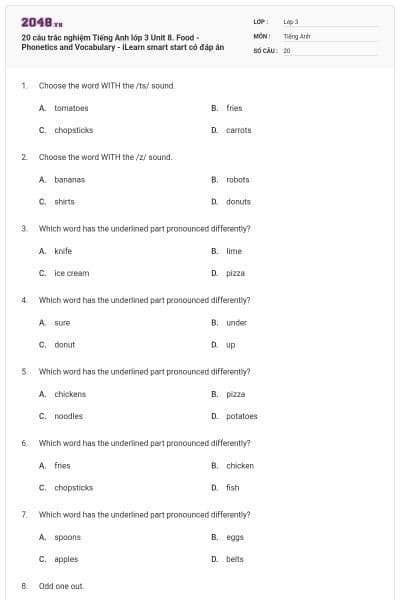 20 câu trắc nghiệm Tiếng Anh lớp 3 Unit 8. Food - Phonetics and Vocabulary - iLearn smart start có đáp án