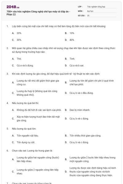 700+ câu trắc nghiệm Công nghệ chế tạo máy có đáp án - Phần 22