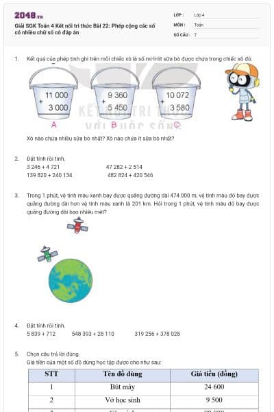 Giải SGK Toán 4 Kết nối tri thức Bài 22: Phép cộng các số có nhiều chữ số có đáp án