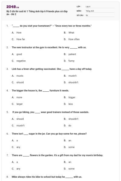 Bộ 5 đề thi cuối kì 1 Tiếng Anh lớp 6 Friends plus có đáp án - Đề 2