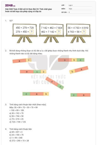 Giải SGK Toán 4 Kết nối tri thức Bài 24: Tính chất giao hoán và kết hợp của phép cộng có đáp án