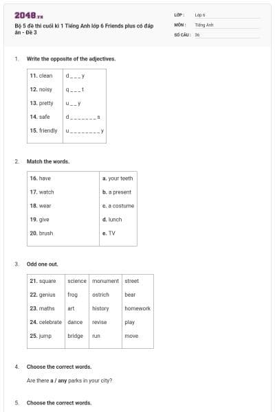 Bộ 5 đề thi cuối kì 1 Tiếng Anh lớp 6 Friends plus có đáp án - Đề 3