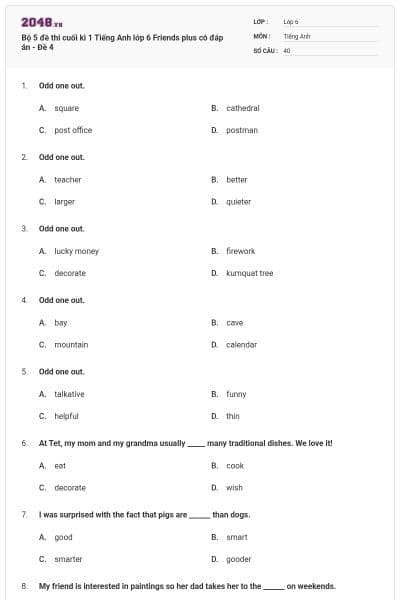 Bộ 5 đề thi cuối kì 1 Tiếng Anh lớp 6 Friends plus có đáp án - Đề 4