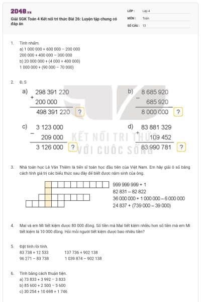 Giải SGK Toán 4 Kết nối tri thức Bài 26: Luyện tập chung có đáp án