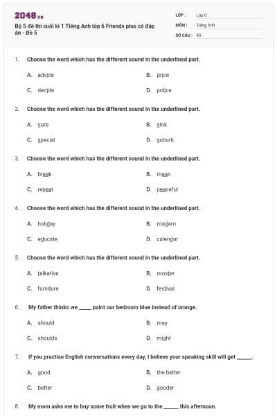 Bộ 5 đề thi cuối kì 1 Tiếng Anh lớp 6 Friends plus có đáp án - Đề 5
