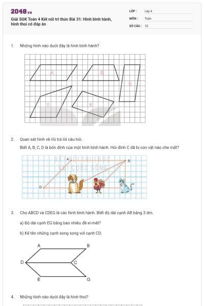 Giải SGK Toán 4 Kết nối tri thức Bài 31: Hình bình hành, hình thoi có đáp án