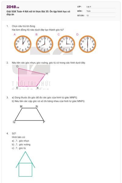 Giải SGK Toán 4 Kết nối tri thức Bài 35: Ôn tập hình học có đáp án