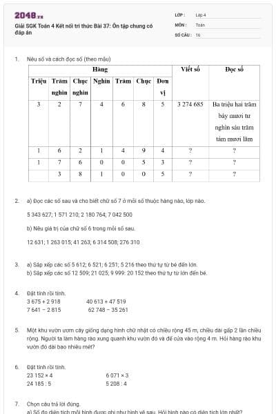 Giải SGK Toán 4 Kết nối tri thức Bài 37: Ôn tập chung có đáp án