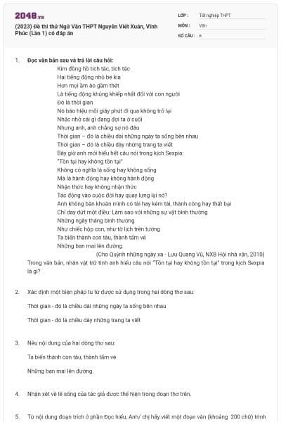 (2023) Đề thi thử Ngữ Văn THPT Nguyễn Viết Xuân, Vĩnh Phúc (Lần 1) có đáp án