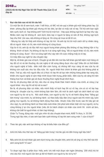 (2023) Đề thi thử Ngữ Văn Sở GD Thanh Hóa (Lần 2) có đáp án