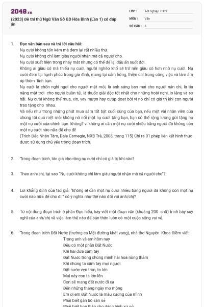 (2023) Đề thi thử Ngữ Văn Sở GD Hòa Bình (Lần 1) có đáp án