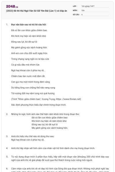 (2023) Đề thi thử Ngữ Văn Sở GD Yên Bái (Lần 1) có đáp án