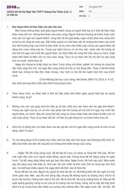 (2023) Đề thi thử Ngữ Văn THPT Hoàng Hoa Thám (Lần 1) có đáp án
