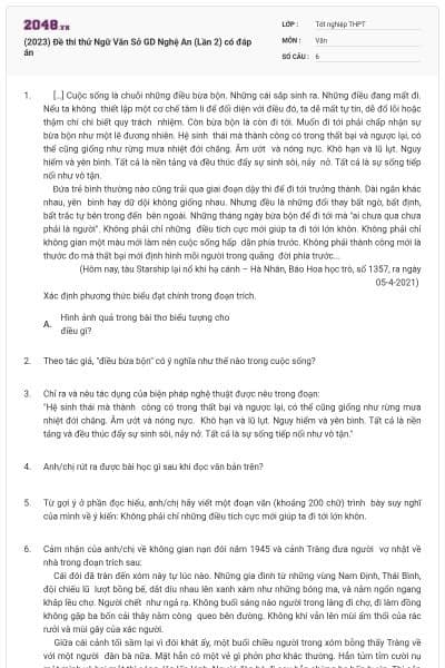 (2023) Đề thi thử Ngữ Văn Sở GD Nghệ An (Lần 2) có đáp án