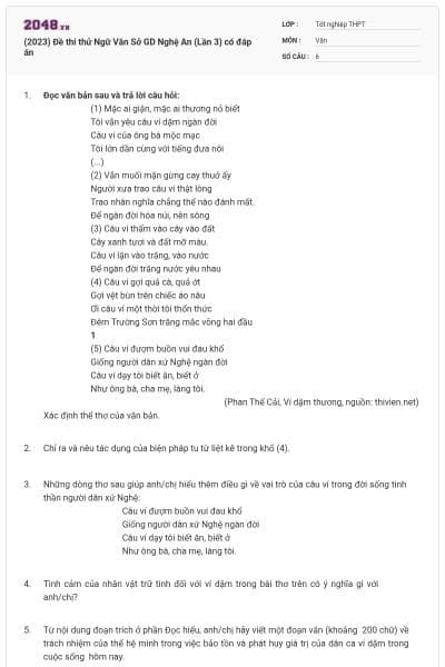 (2023) Đề thi thử Ngữ Văn Sở GD Nghệ An (Lần 3) có đáp án